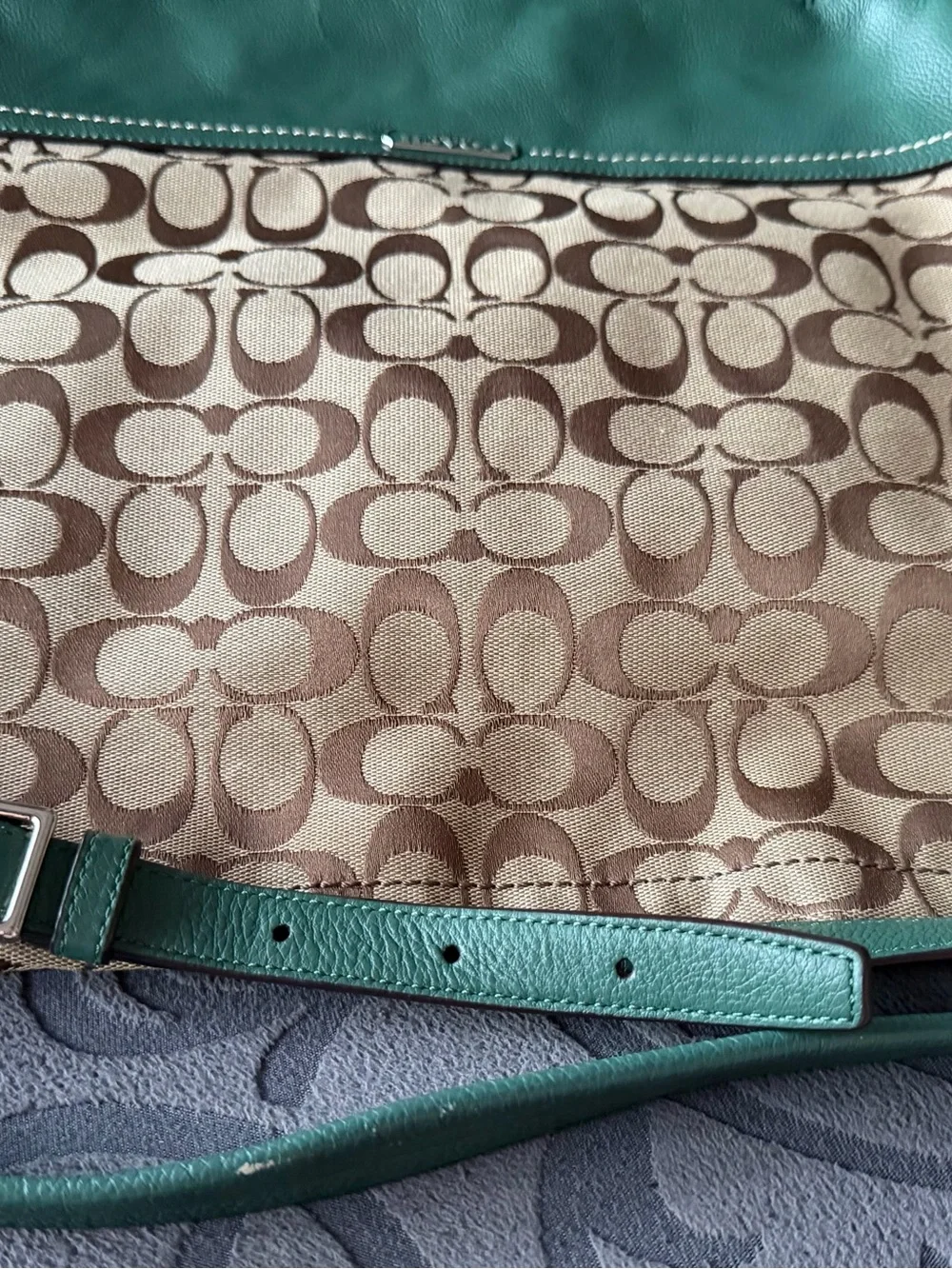 Coach Beige Signature Canvas with Green Leather Hobo Bag